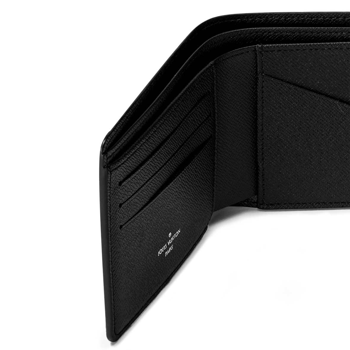 Black wallet interior close-up with multiple card slots and seam detail