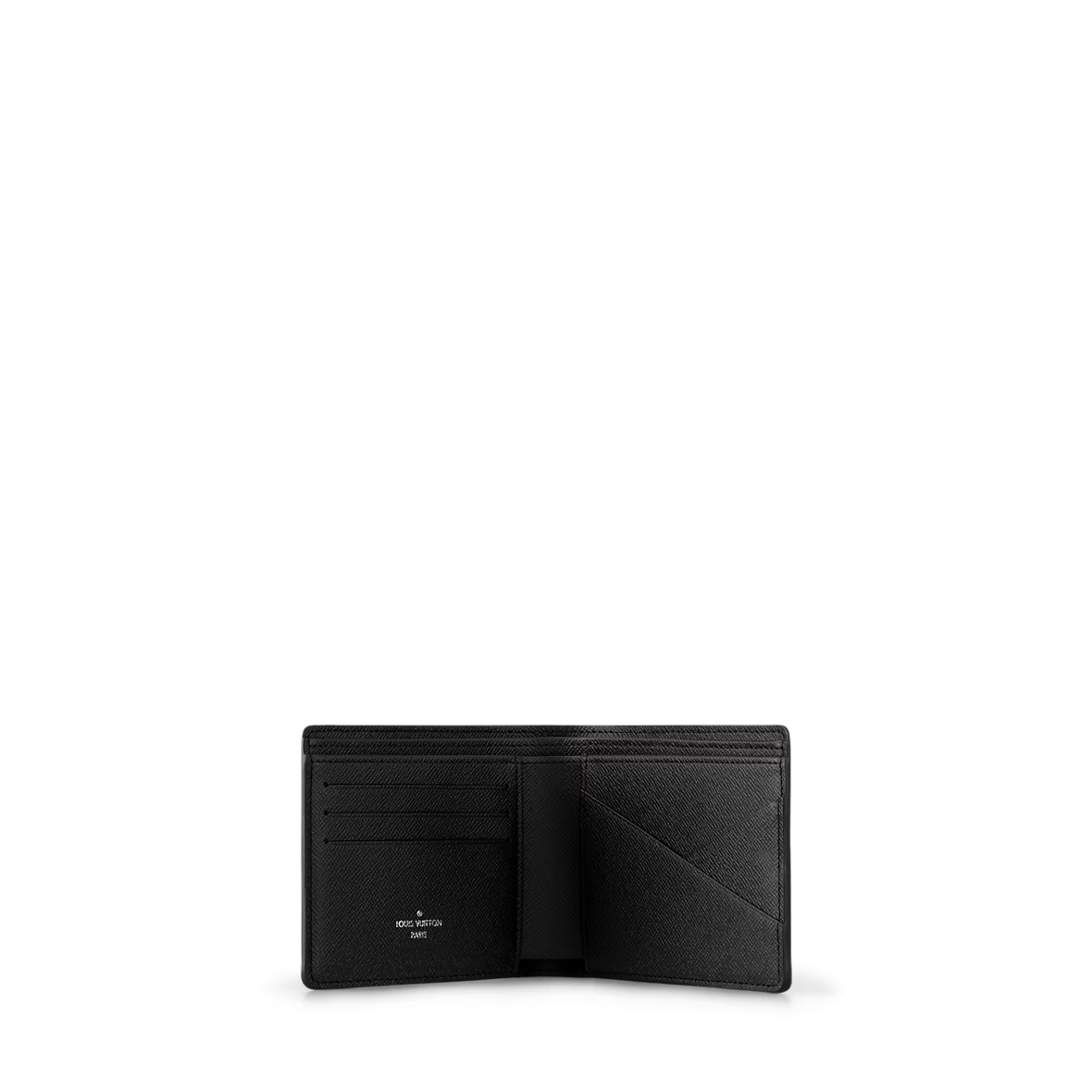Open black wallet interior with card slots and stitched divider