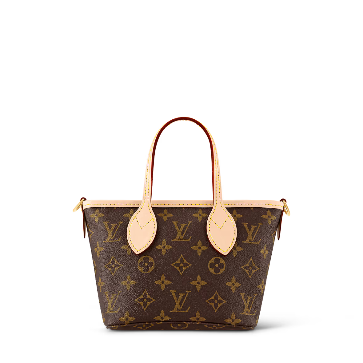 Neverfull BB mini tote front view with tan handles and monogram canvas pattern