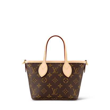 Neverfull BB mini tote front view with tan handles and monogram canvas pattern