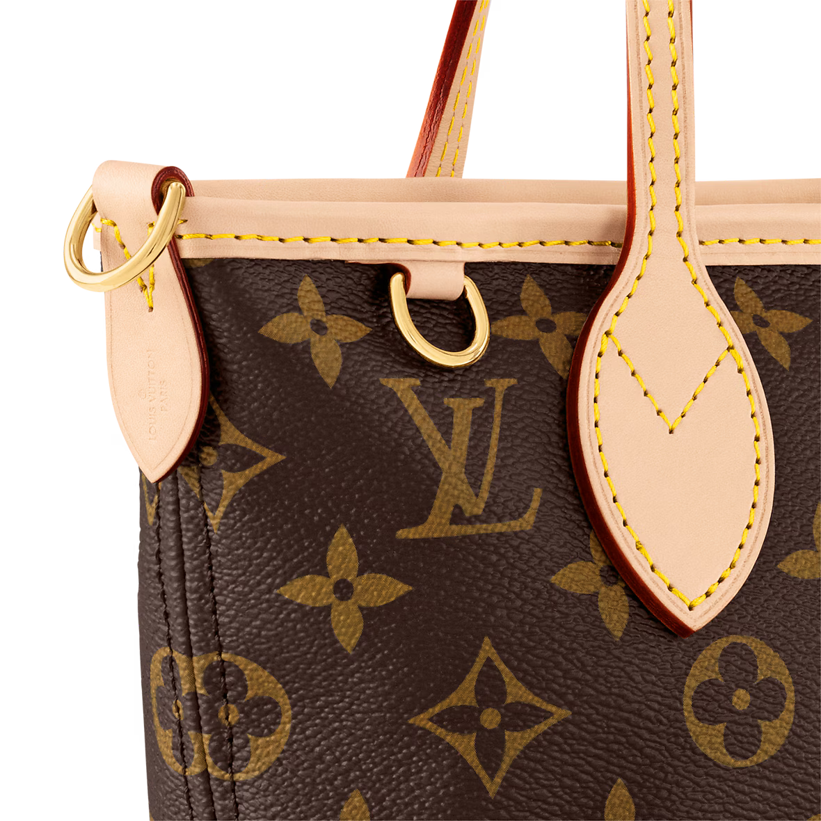 Close-up of Neverfull BB front: monogram canvas, tan leather trim, stitched edges