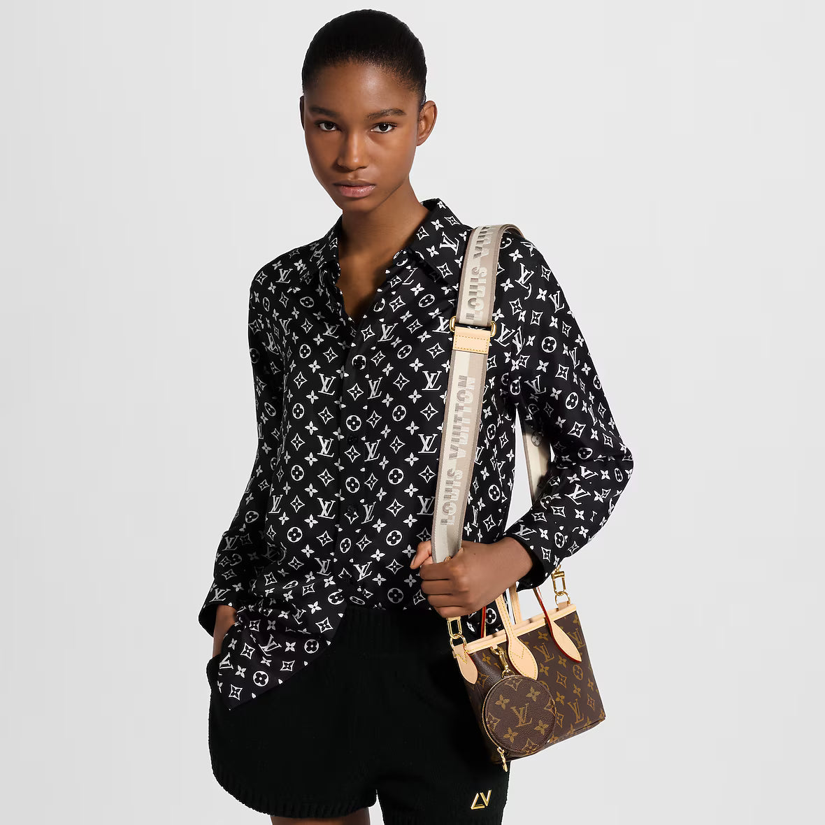 Neverfull BB tote carried crossbody, monogram canvas with pouch detail and gold hardware