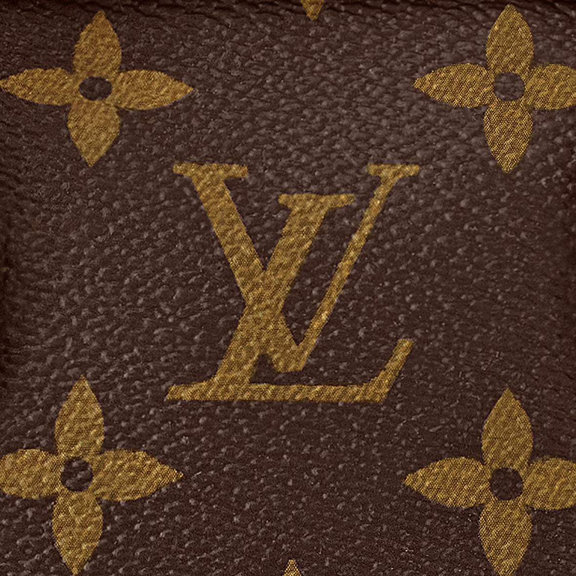 Monogram canvas detail with gold LV and flower motifs on dark brown