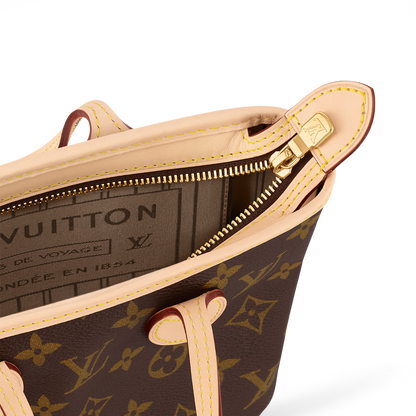 Neverfull BB close-up of zipper track, interior lining, and gold-tone hardware