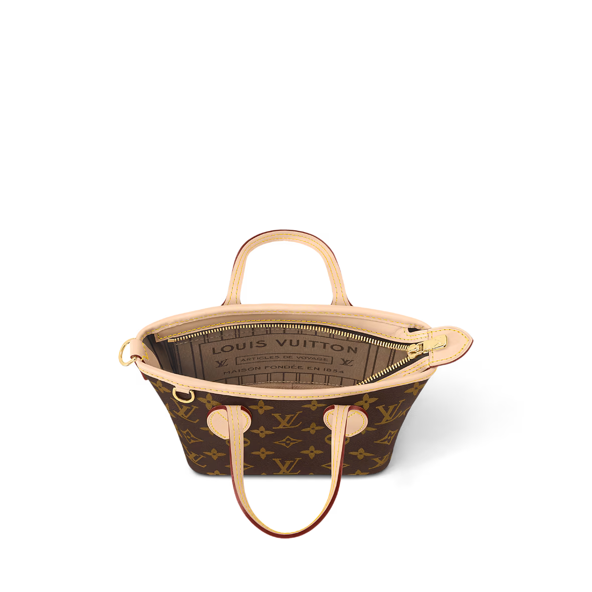 Neverfull BB top view showing zip opening, monogram interior lining, tan handles