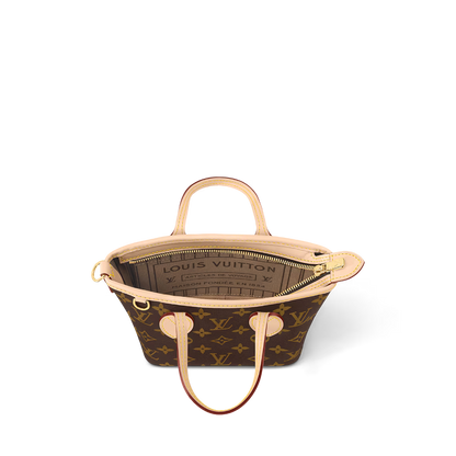 Neverfull BB top view showing zip opening, monogram interior lining, tan handles