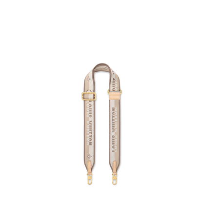Neverfull BB detachable shoulder strap with tan monogram lettering and gold buckles