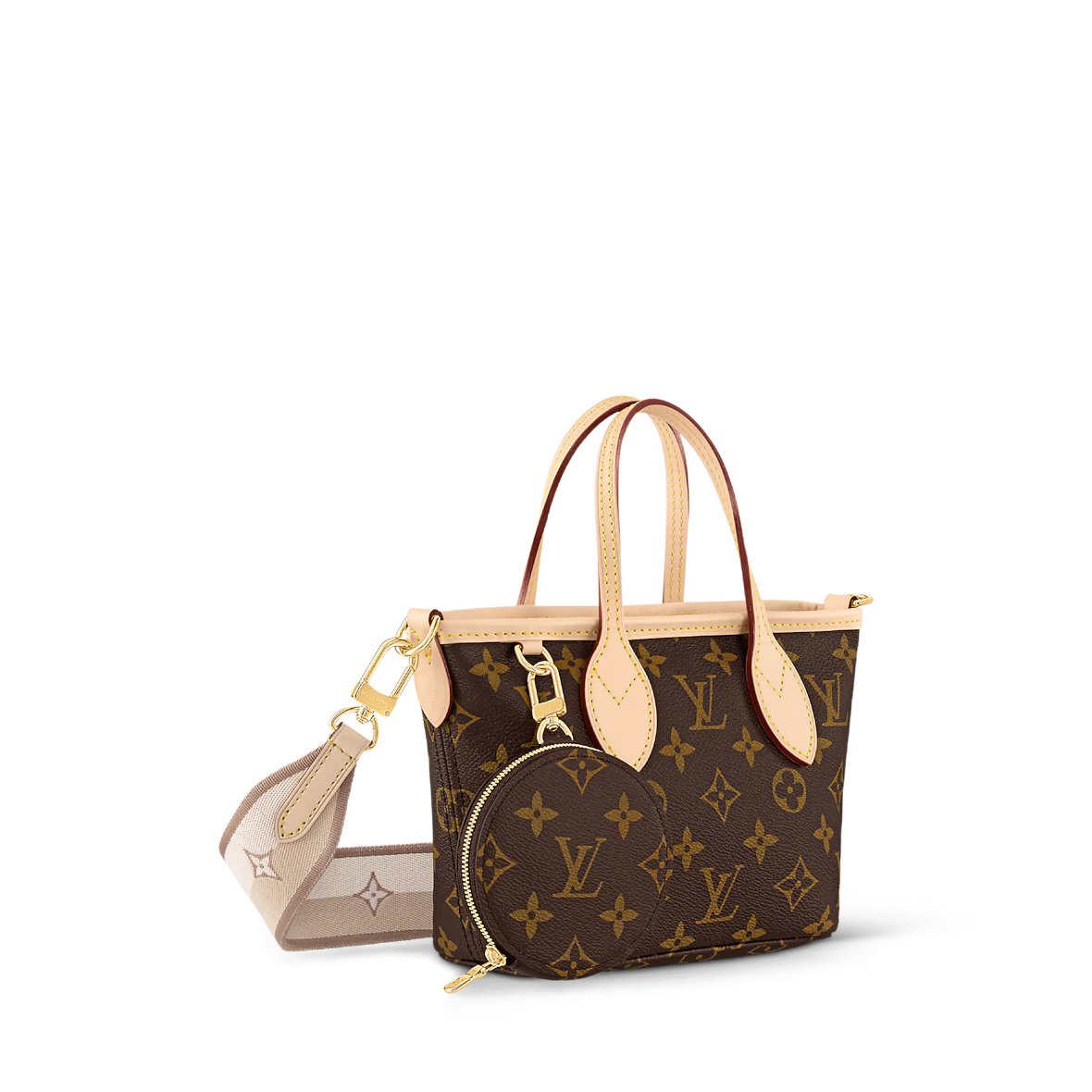 Louis Vuitton Neverfull BB tote with monogram canvas, tan handles, and pouch