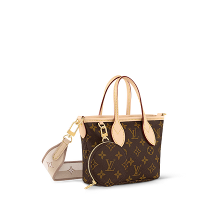 Louis Vuitton Neverfull BB tote with monogram canvas, tan handles, and pouch