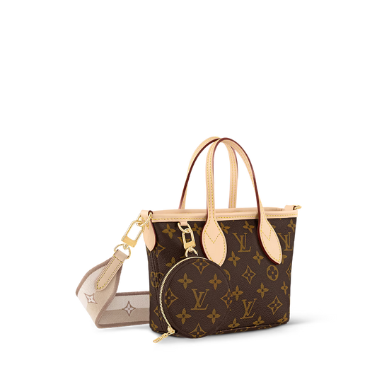 Louis Vuitton Neverfull BB tote with monogram canvas, tan handles, and pouch