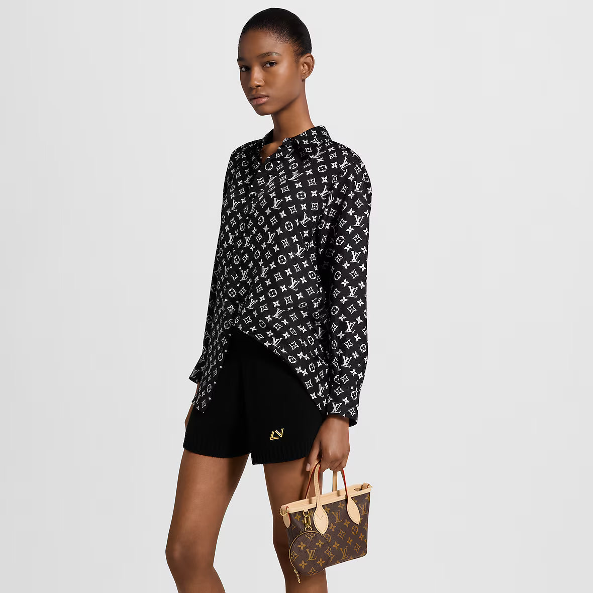 Louis Vuitton Neverfull BB mini tote worn with shoulder strap, monogram canvas and pouch