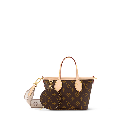 Neverfull BB tote with monogram pattern, tan leather trim, and crossbody strap pouch
