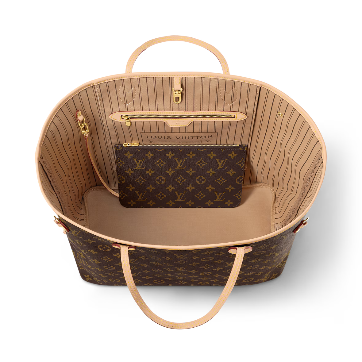 Neverfull GM tote interior view with zip pocket and tan striped lining