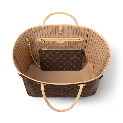 Neverfull GM tote interior view with zip pocket and tan striped lining