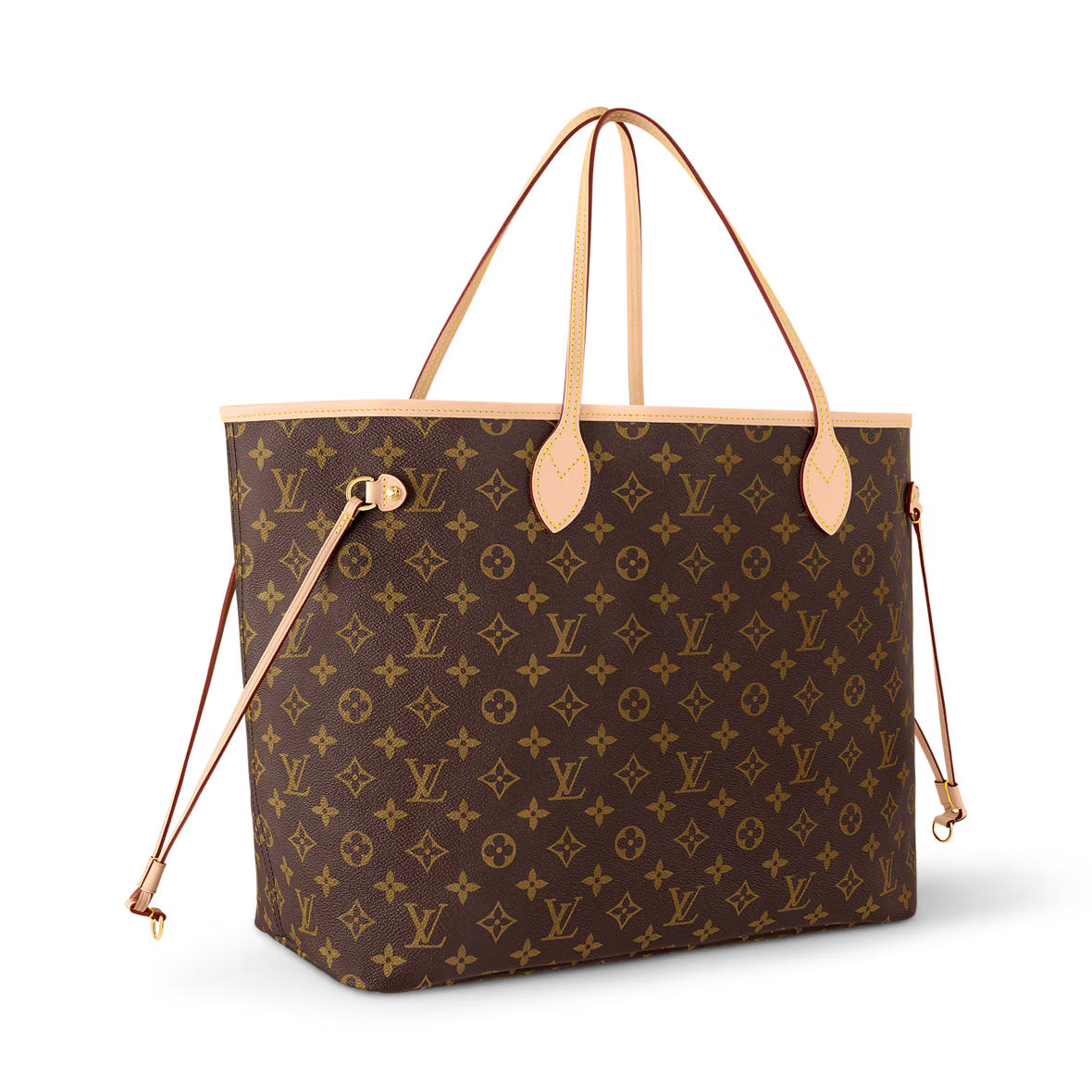 Neverfull GM tote bag angled view with monogram pattern, side straps, and dangling pull cords
