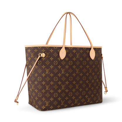 Neverfull GM tote bag angled view with monogram pattern, side straps, and dangling pull cords