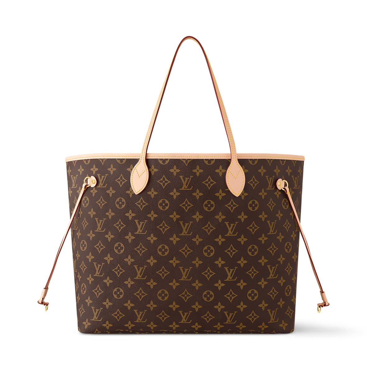 Neverfull GM tote bag, brown monogram canvas with flat top handles and leather accents