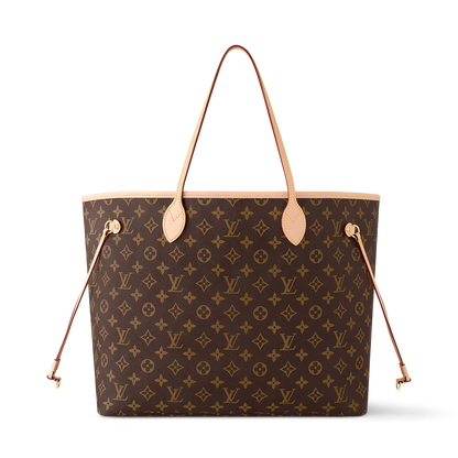 Neverfull GM tote bag, brown monogram canvas with flat top handles and leather accents