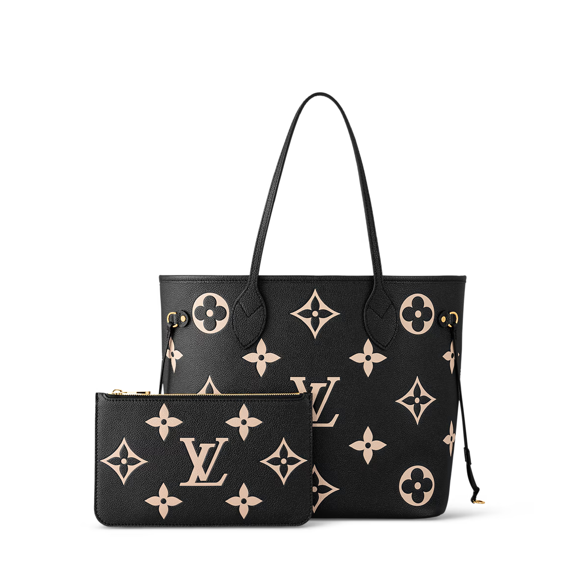 Neverfull Tote bag set in black with beige monogram print and matching zip pouch