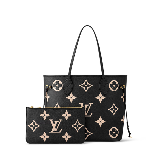 Neverfull Tote bag set in black with beige monogram print and matching zip pouch