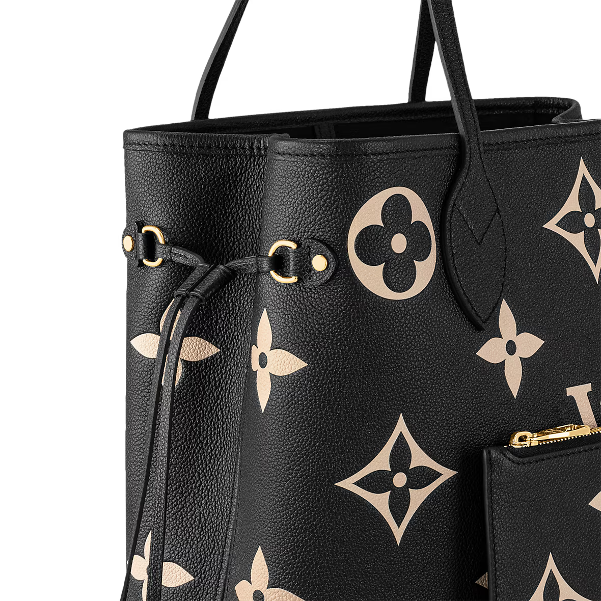 Neverfull Tote close-up: black leather texture, gold D-ring accents, and beige emblem print