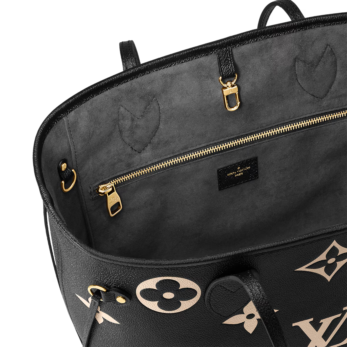 Neverfull Tote with inner top zipper pocket and gold hardware on black monogram canvas