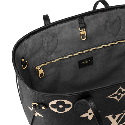 Neverfull Tote with inner top zipper pocket and gold hardware on black monogram canvas