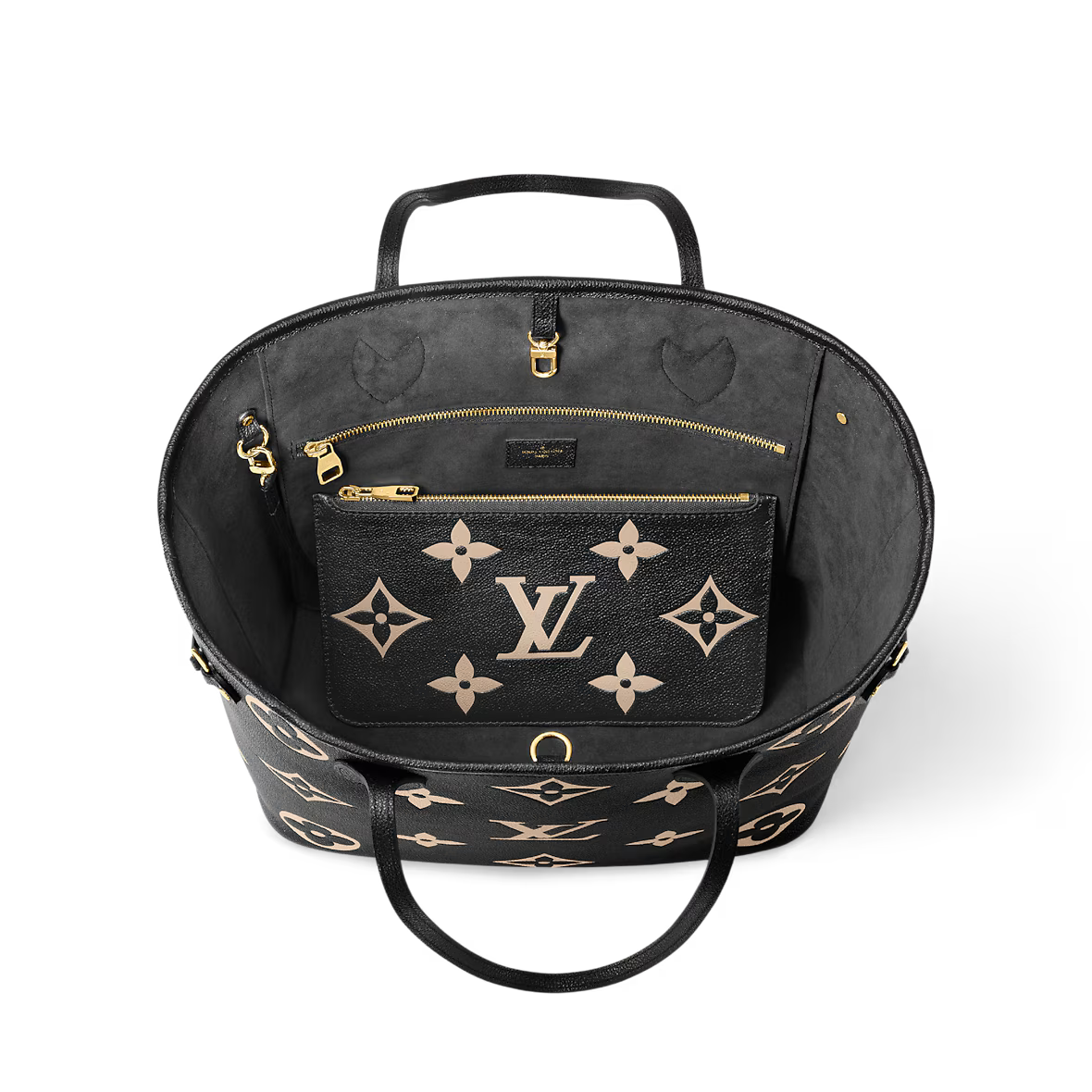 Neverfull Tote bag with open top, gold zipper details, and beige monogram print