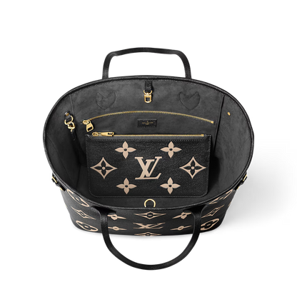 Neverfull Tote bag with open top, gold zipper details, and beige monogram print