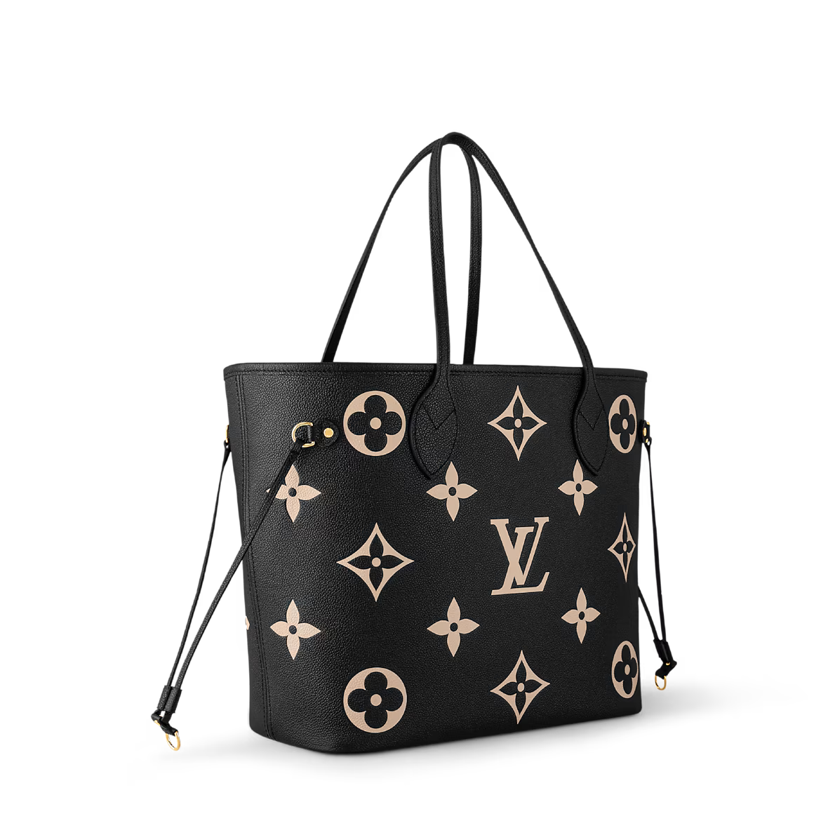 Neverfull Tote handbag in black with beige monogram motifs and long shoulder straps