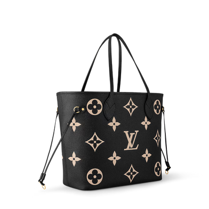 Neverfull Tote handbag in black with beige monogram motifs and long shoulder straps