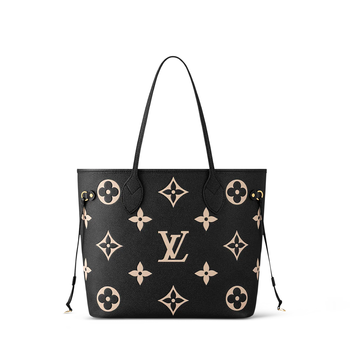Neverfull Tote front view: black bag with beige monogram flowers and LV emblem center
