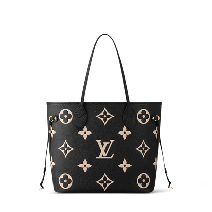 Neverfull Tote front view: black bag with beige monogram flowers and LV emblem center