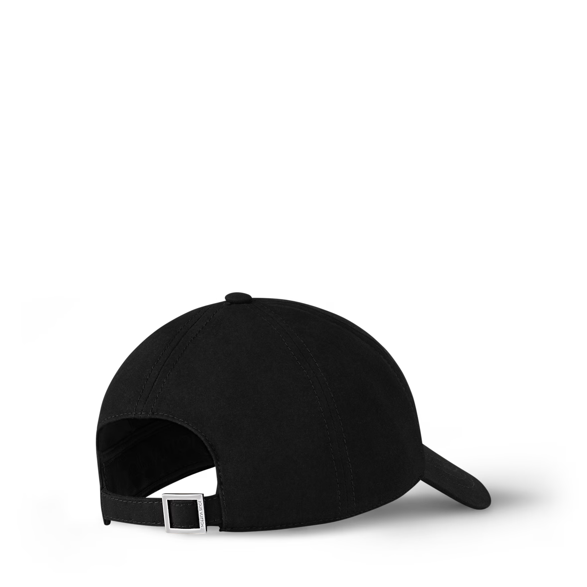 Black baseball cap with adjustable strap buckle and stitched panels