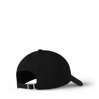 Black baseball cap with adjustable strap buckle and stitched panels