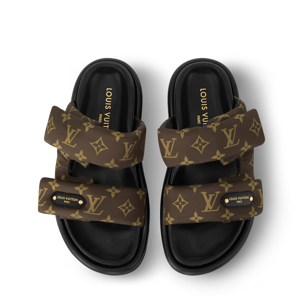 Pool Pillow Flat Comfort Mules pair, padded straps with monogram-style emblem details