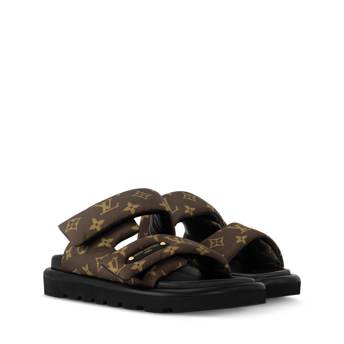 Pool Pillow Flat Comfort Mules with brown and black monogram-style floral pattern