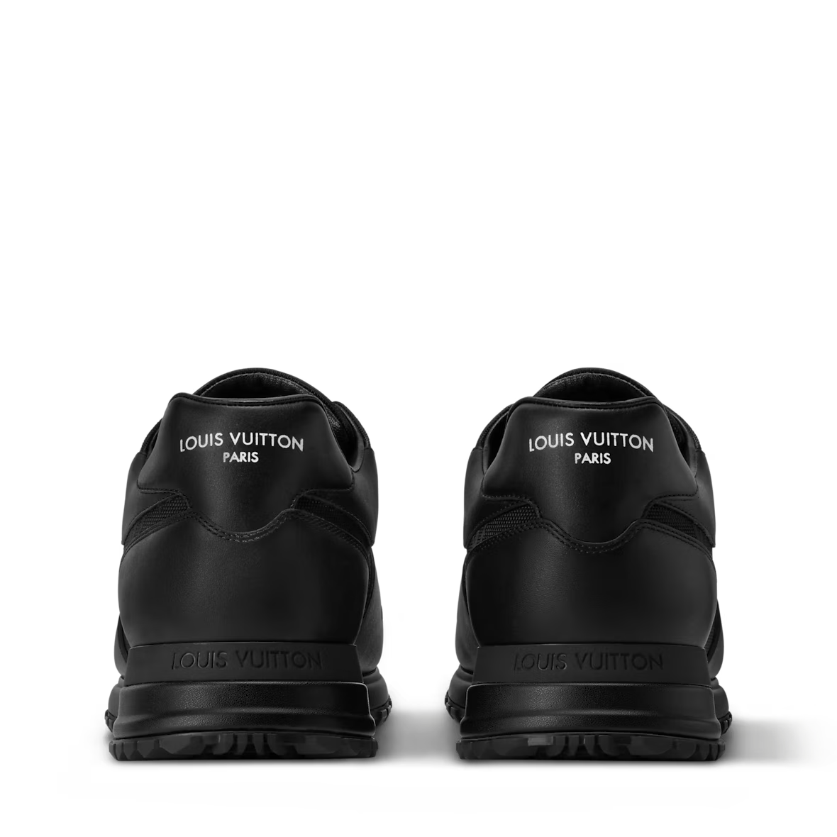 Run Away Sneaker rear view, black leather heel with logo tab and grippy sole