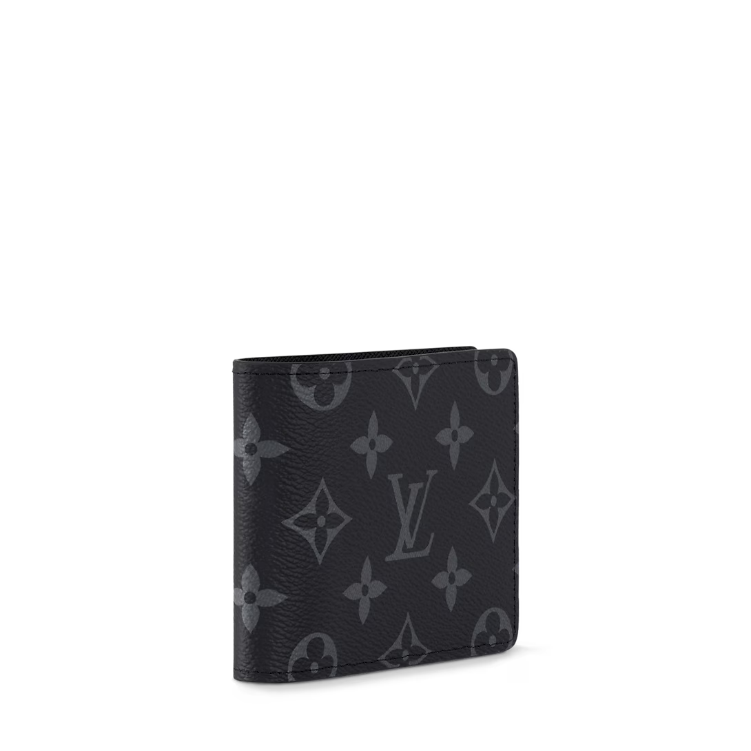 Eclipse slender wallet front view with repeating monogram pattern on leather