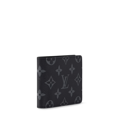 Eclipse slender wallet front view with repeating monogram pattern on leather