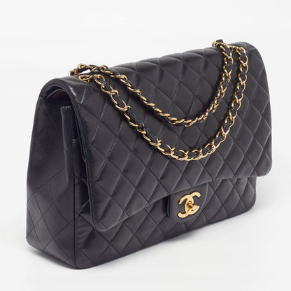 Side view of Maxi Classic Flap shoulder bag with gold chain and curved flap detail