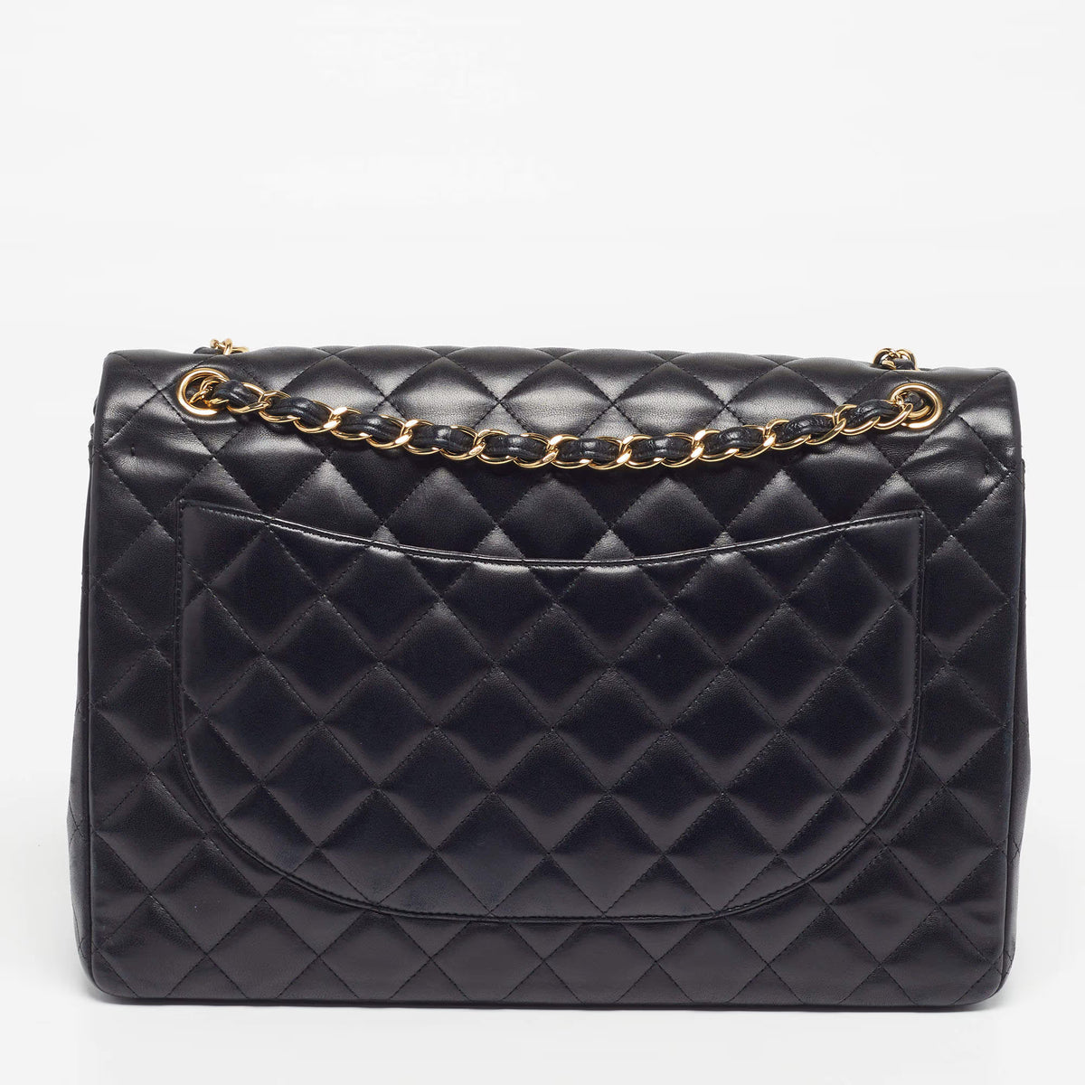 Maxi Classic Flap bag, black diamond-quilted leather-look with gold chain and logo