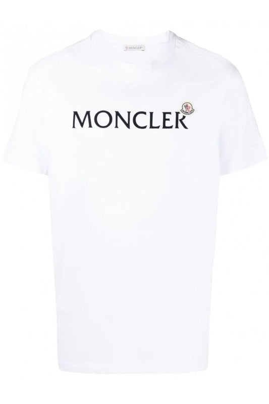 Weißes Baumwoll-T-Shirt mit großem MONCLER-Schriftzug vorne