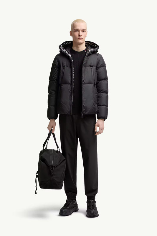 Montcla hooded short down jacket, black, full-zip front with logo-trim hood