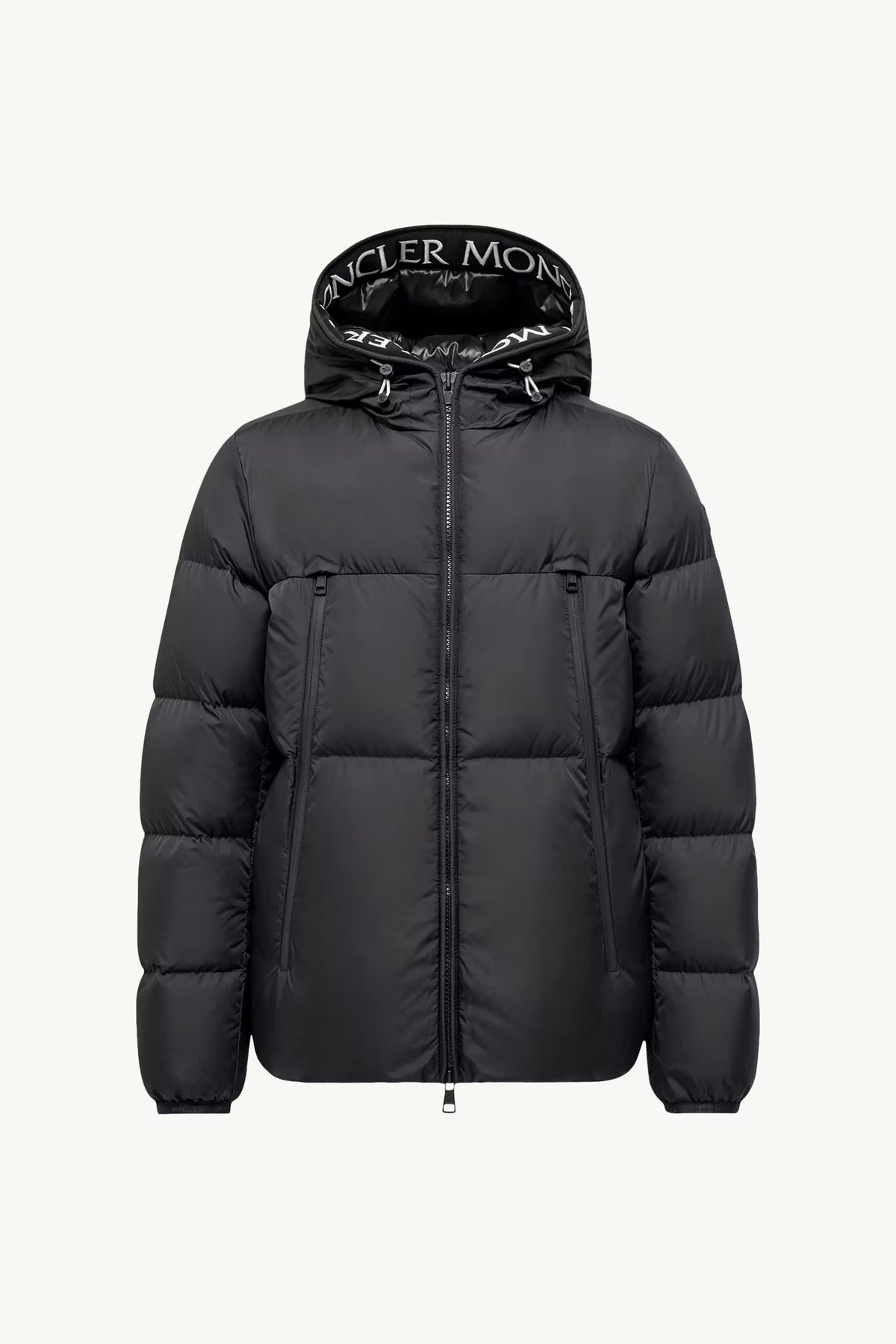 Montcla short down jacket with hood, black, front zipper and two chest pockets