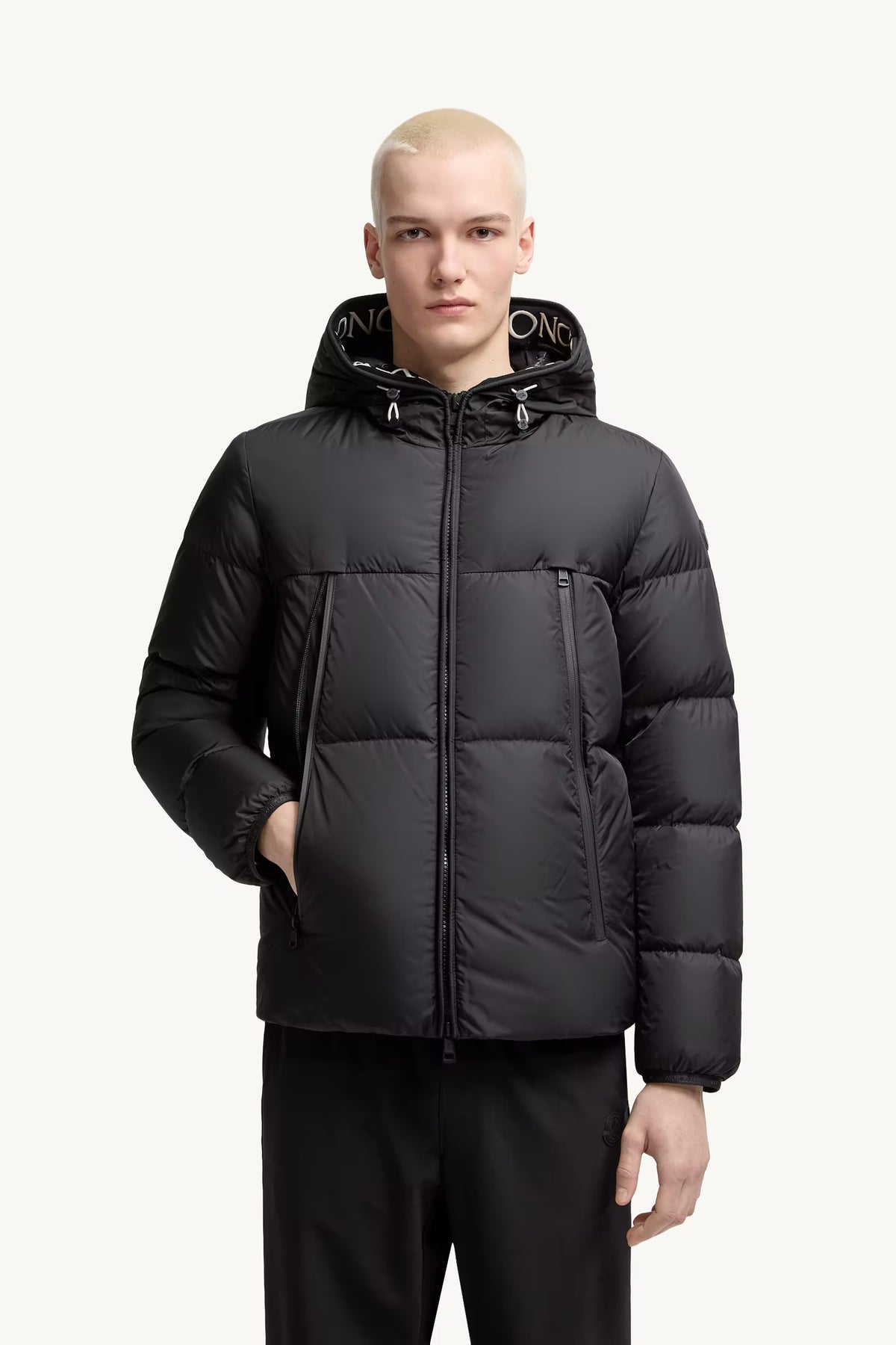 Black hooded short down jacket, Montcla logo-trim hood and zip front