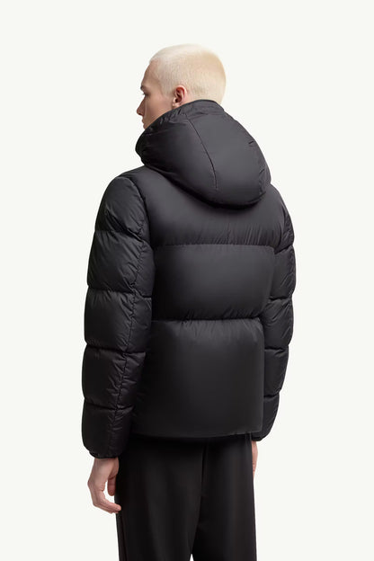 Black short down jacket back view, hooded padded design with stitched baffles