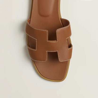 Tan leather Oran sandal upper with cutout straps and contrast stitching