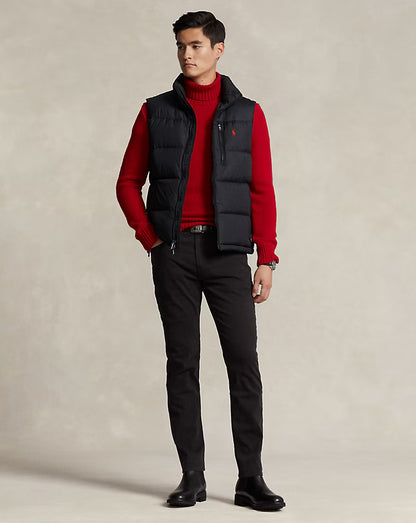 Black puffer down gilet with high collar and front zip closure
