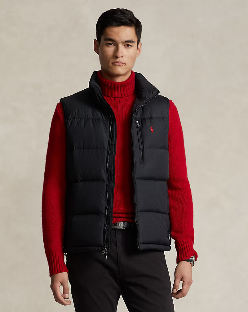 Black quilted down gilet with front zip and side pockets